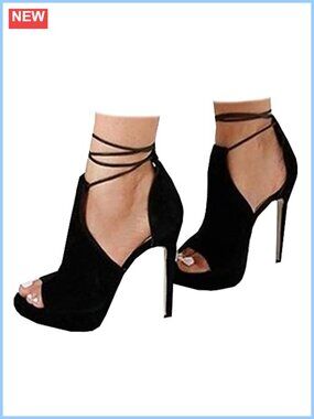 Womens Peep Toe Platform Heels Strappy Lace Up Stilettos Faux Leather Dress